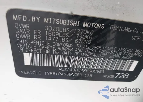 2019 Mitsubishi Mirage Es z USA, uszkodzony, nr VIN ML32A3HJ4KH000983